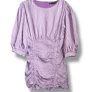 Zara Gingham Ruched Mini Dress Blogger Fav Cottagecore Puff Sleeve Sz L Coquette